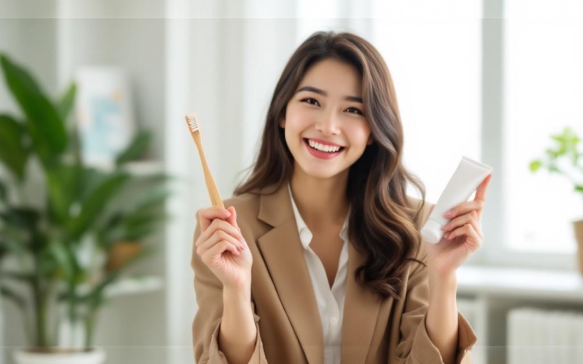 A woman in a beige blazer smiles while holding a toothbrush in one hand and a tube of toothpaste in the other, in a room with plants in the background.